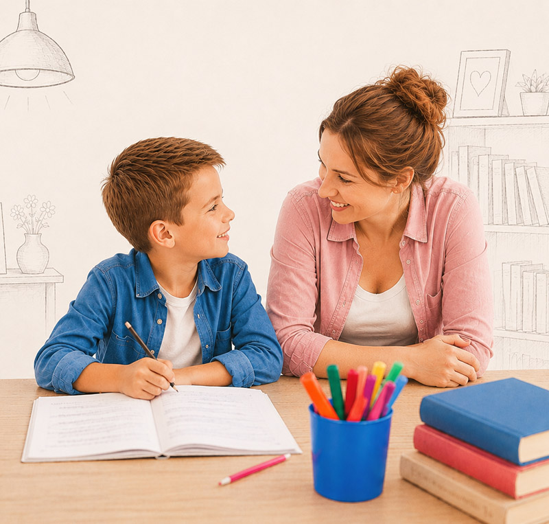 Mutter sitzt mit Sohn beim Lernen und Lächelt