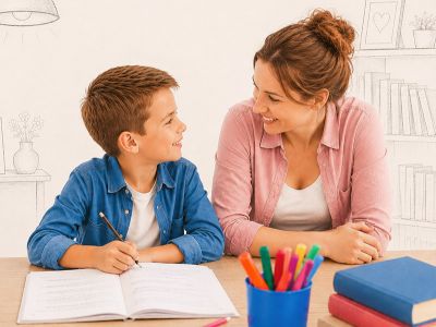 Mutter sitzt mit Sohn beim Lernen und lächelt