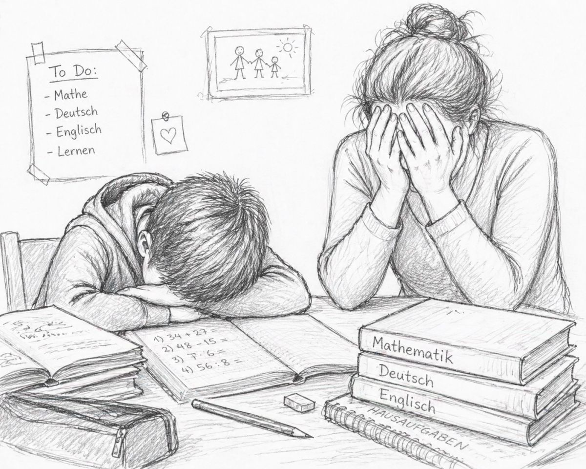 Kind legt beim Lernen erschöpft den Kopf auf den Tisch, Mutter hält sich die Hände vors Gesicht – Widerstand und Überforderung beim Lernen.