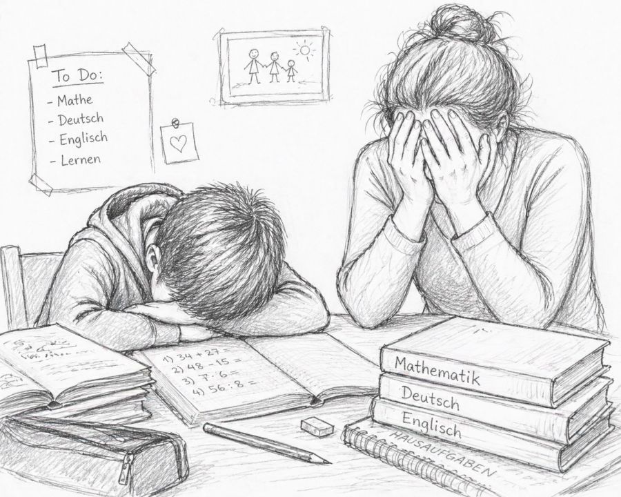 Kind legt beim Lernen erschöpft den Kopf auf den Tisch, Mutter hält sich die Hände vors Gesicht – Widerstand und Überforderung beim Lernen.