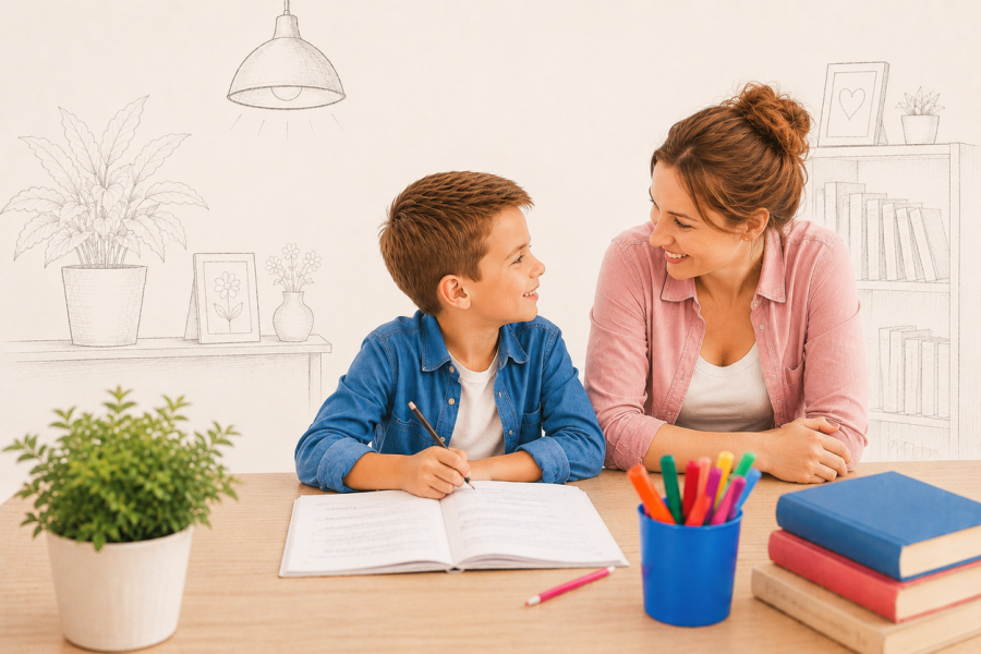 Mutter sitzt mit Sohn beim Lernen und lächelt